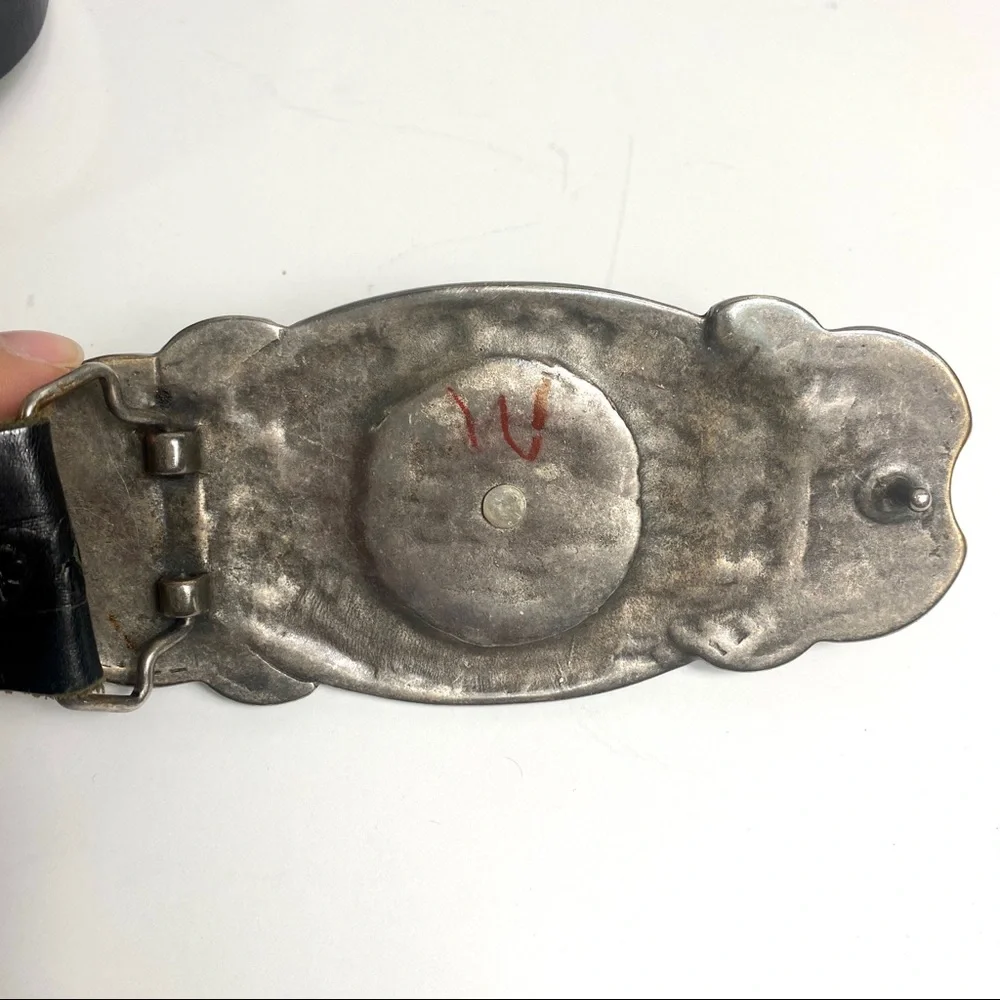 Vintage-Style Black Leather Belt with Ornate Silver-Tone Buckle
